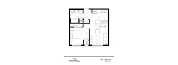 A black and white floor plan of a 580 square foot 1 bedroom, 1 bathroom apartment.