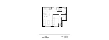 A black and white drawing of a floor plan for a 1 bedroom, 360 square foot apartment.