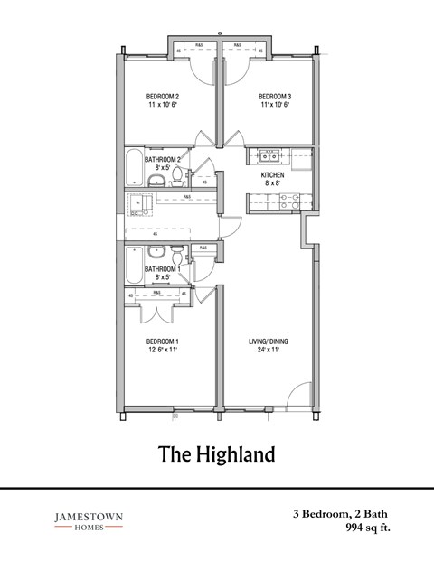 A floor plan for a 3 bedroom, 2 bath home by Jamestown Homes.