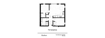 A black and white image of a floor plan for a two bedroom, one bathroom apartment.