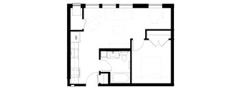a floor plan of a home with a bedroom and a living room and a kitchen