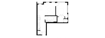 a black and white floor plan of a room with a kitchen and a living room