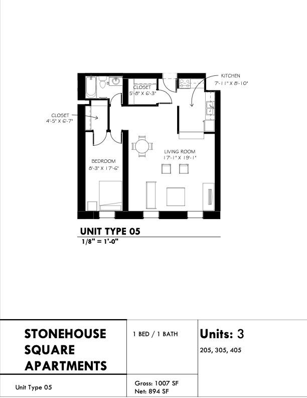 A floor plan for a type 05 apartment shows a living room, a bedroom, and a kitchen.