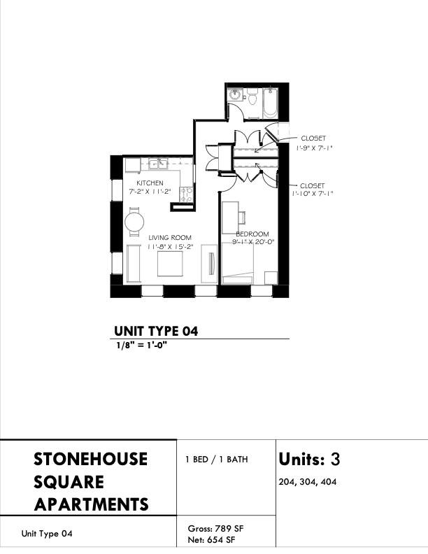 A floor plan for a unit type 04 apartment with a living room, bedroom, and bathroom.