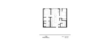A black and white image of a floor plan for a mid-sized apartment.