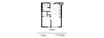 A floor plan of a one bedroom, one bath apartment.