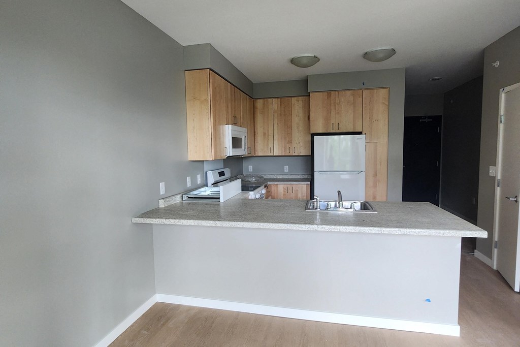 an empty kitchen with a counter top and a refrigerator