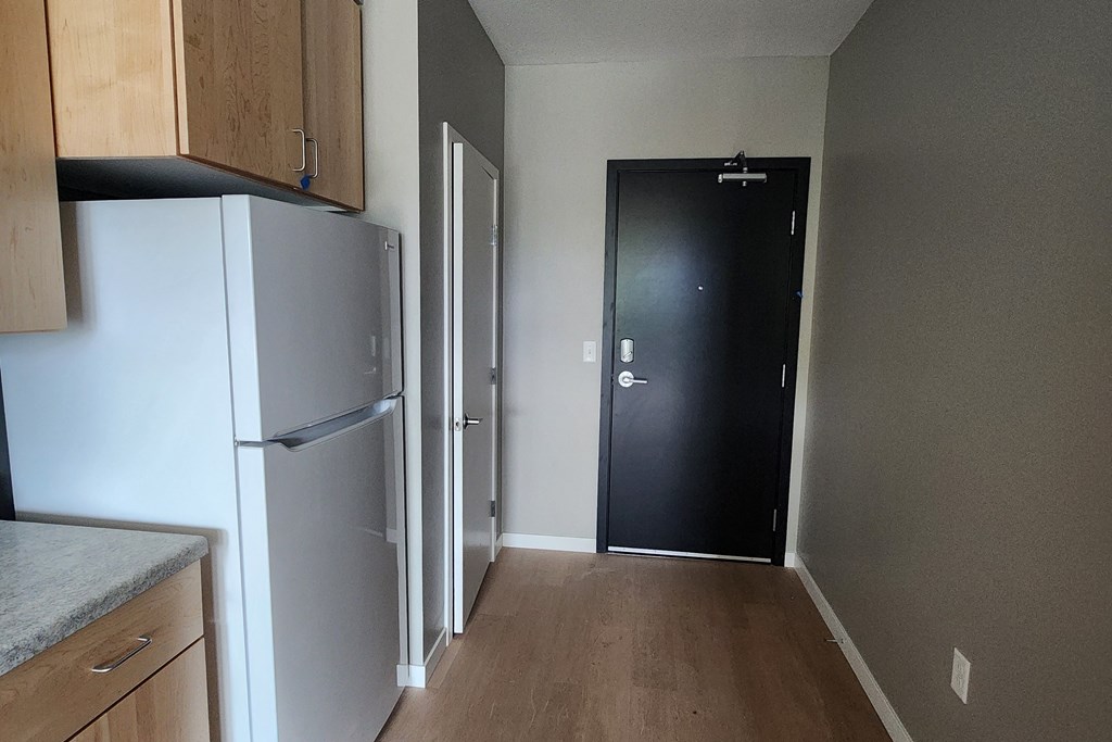 a hallway with a refrigerator and a black door