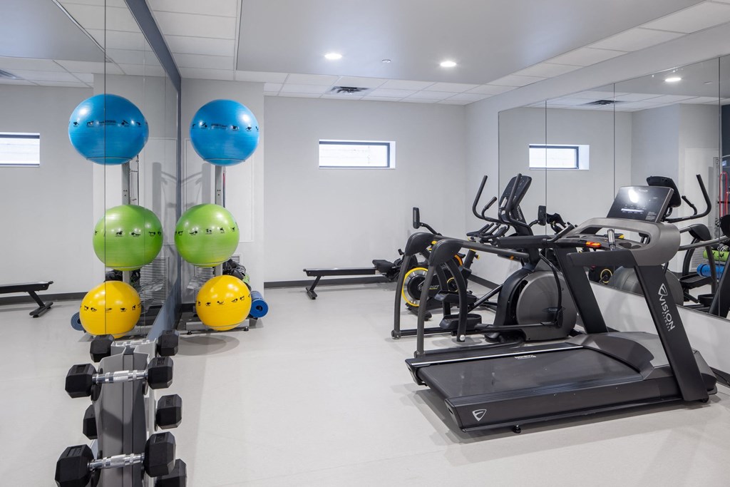 a gym with exercise equipment and weights in a treatment room