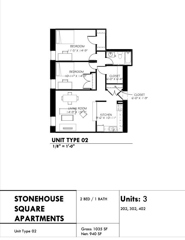 A black and white diagram of a stonehouse square apartments floor plan.