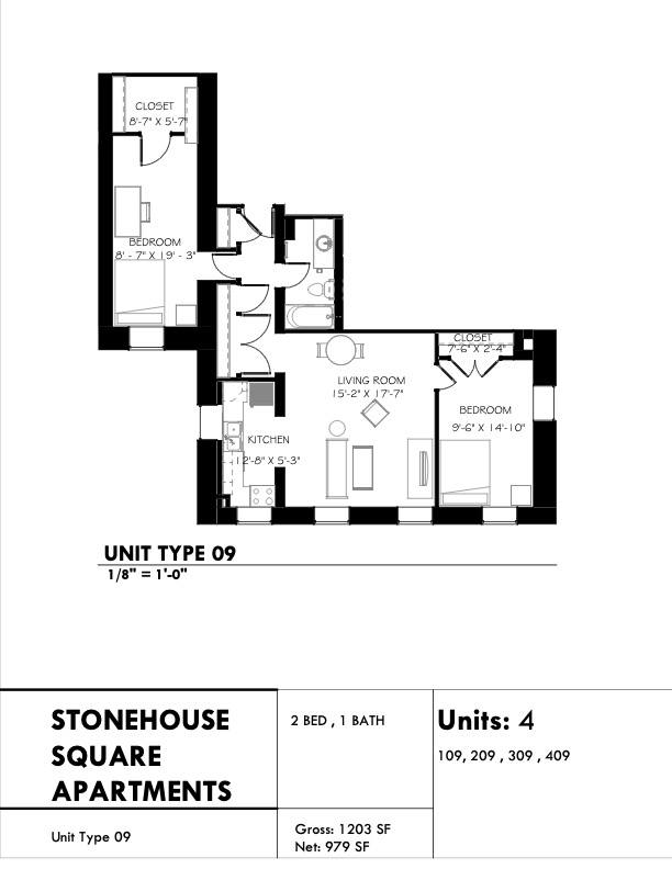 A black and white image of a floor plan for a stonehouse square apartments.
