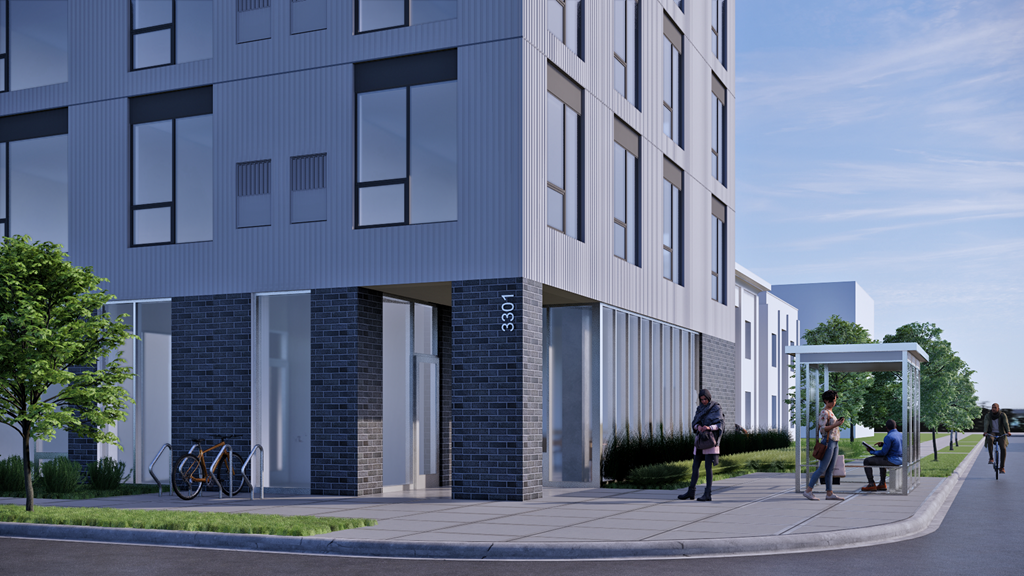 a rendering of a building with people standing outside of it