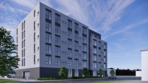 a rendering of a white apartment building with a blue sky background