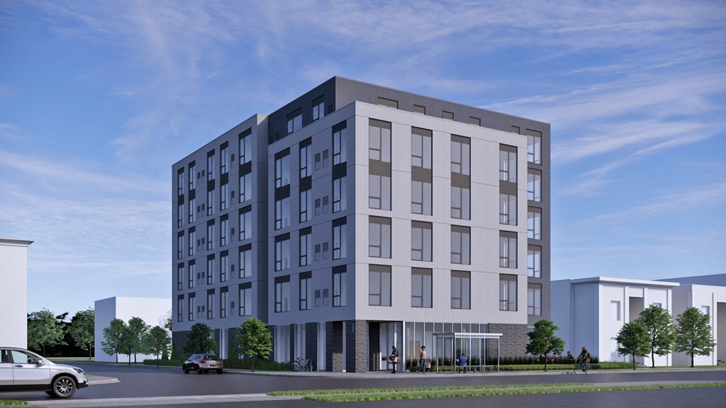 a rendering of a white and gray building on a city street