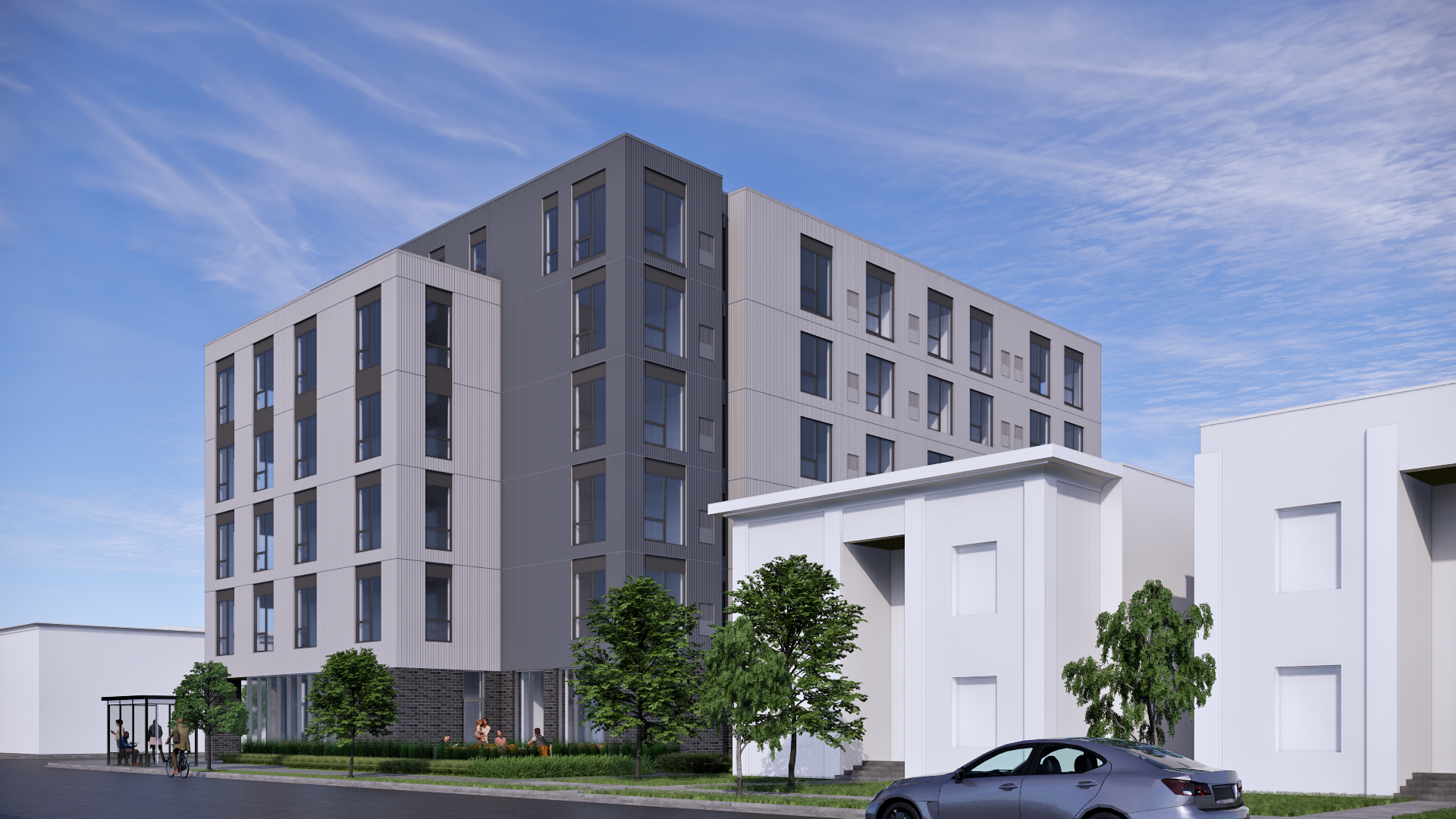 a rendering of an apartment building with a car parked in front of it