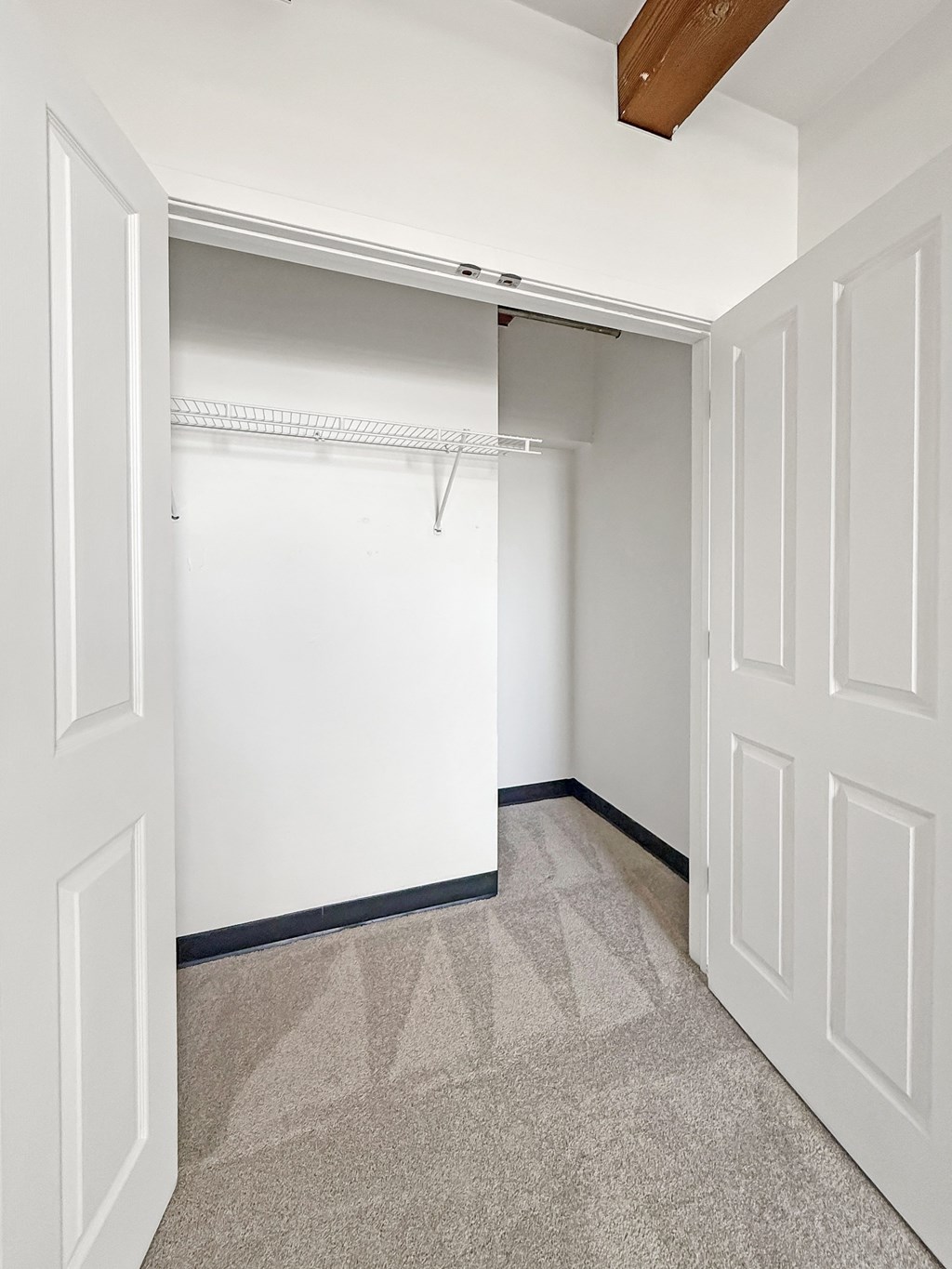 A white closet with a grey carpet and a white door.