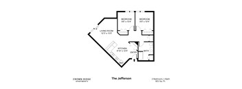A black and white image of a floor plan for a 2 bedroom, 1 bath apartment.
