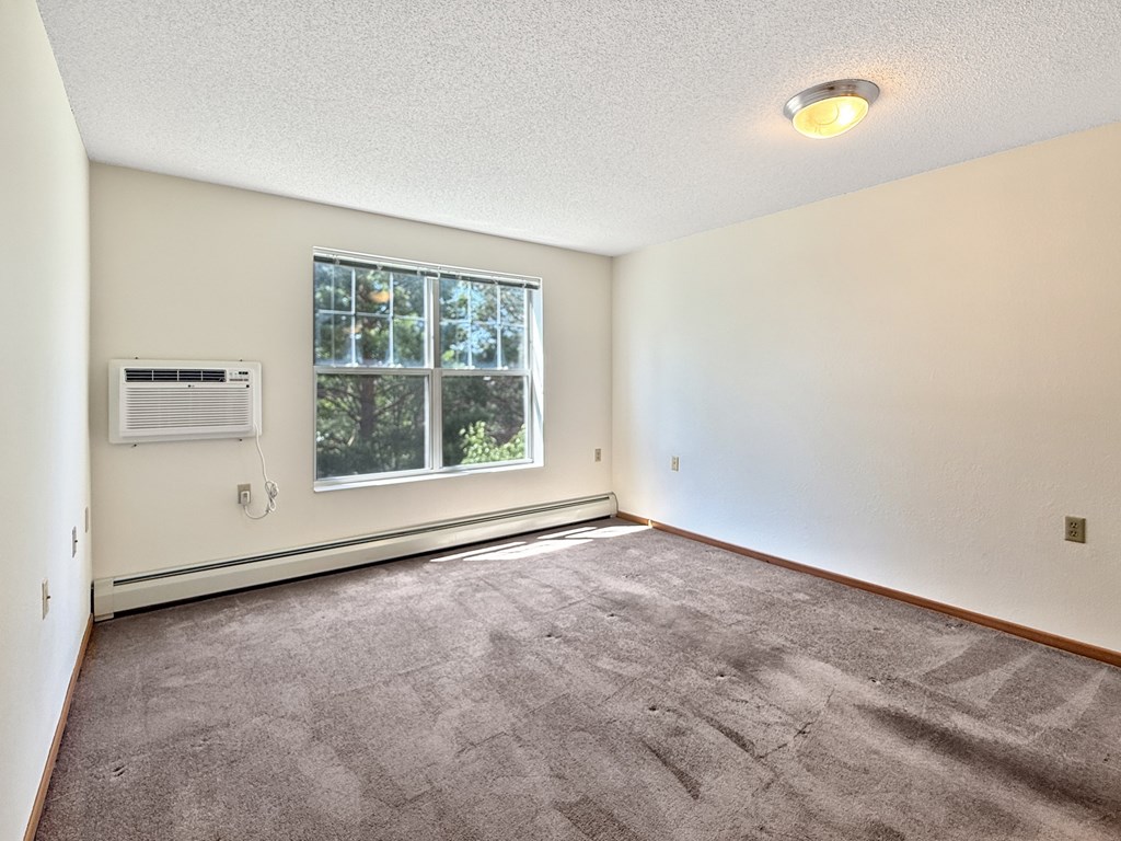A room with a window and a carpeted floor.