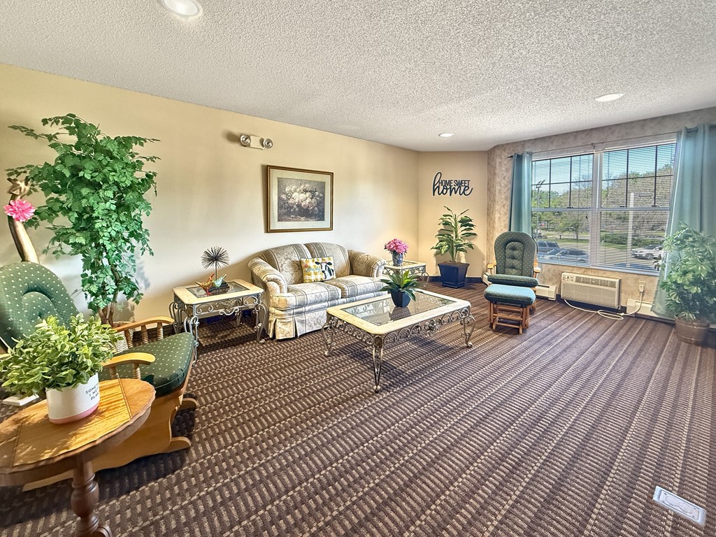 A living room with a couch, chair, and potted plants.