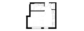 a black and white floor plan of a small room with a bedroom and a bathroom