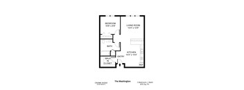 A floor plan for a one bedroom, one bath apartment at Crown Ridge Apartments.