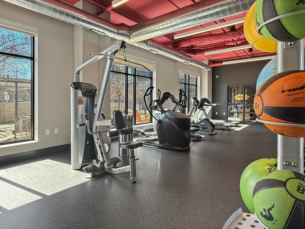 A gym with a variety of equipment including a treadmill, weights, and exercise balls.