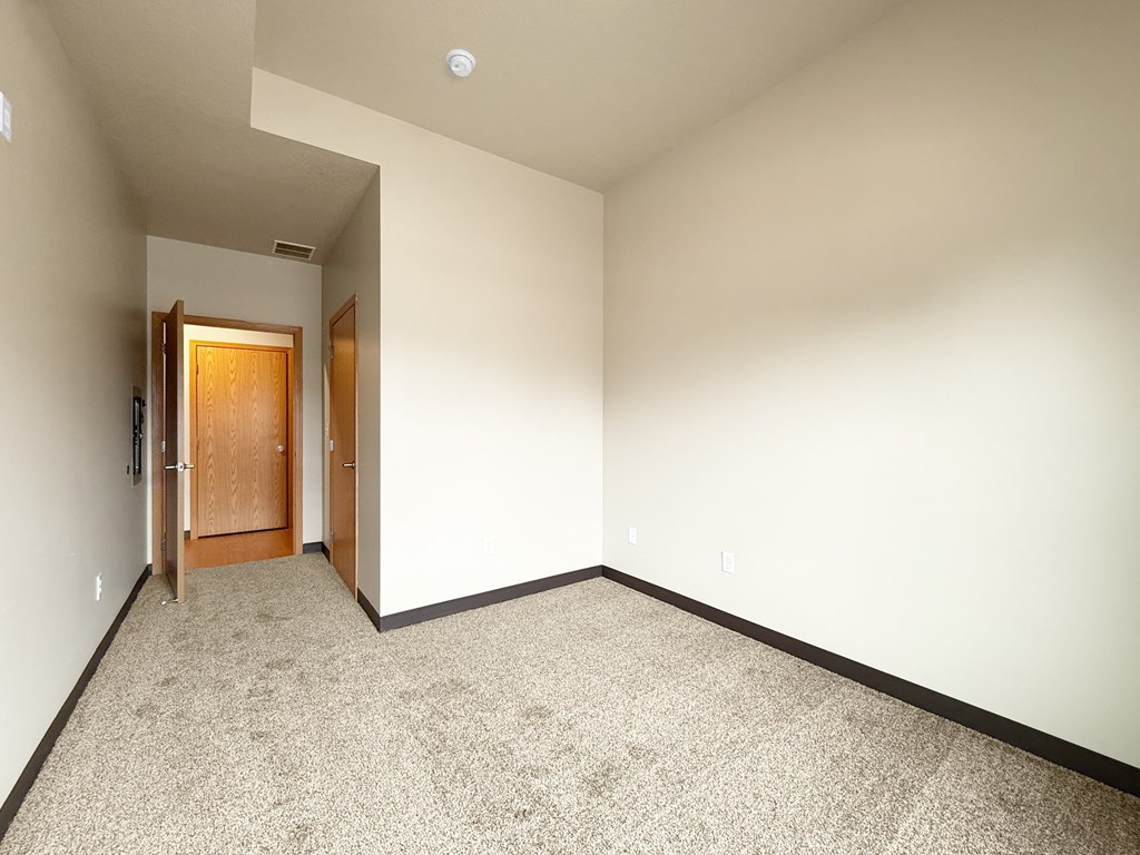 A hallway with a carpeted floor and a wooden door at the end.