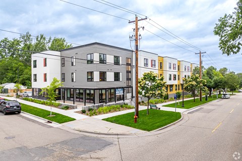 a street view of a row of Stryker Senior Apartments in West St. Paul from the street corner