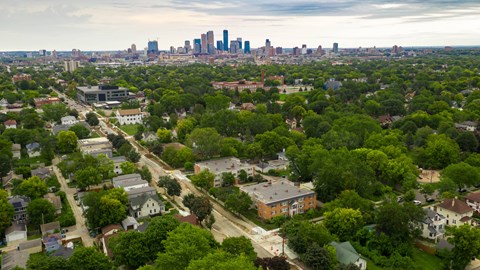 Ariel view of Homestead with Minneapolis skyline in the background