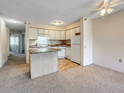 A kitchen with a white refrigerator and a countertop.