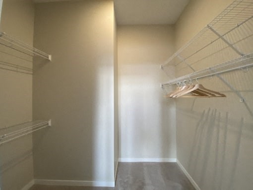 A walk in closet with white shelves and a light shining through the door.