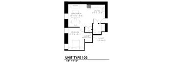 A floor plan for a Unit Type 103 shows a living room, kitchen, bedroom, and closet layout.