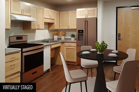 a Stryker Senior Apartments rendering of a kitchen with a table and chairs