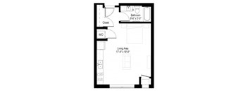 A floor plan of a small apartment with a living area and bathroom.