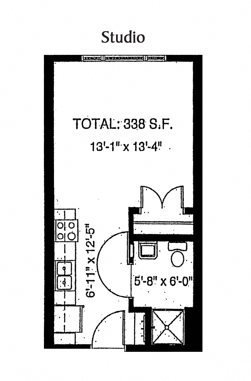 A black and white floor plan for the studio apartment