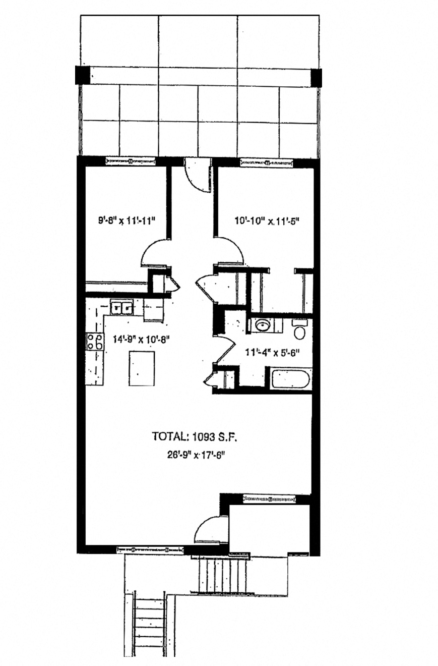 A black and white floorplan for a two bedroom apartment at 653 Artist Lofts