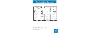 A floor plan for a 3 bedroom apartment at West Broadway Crescent.