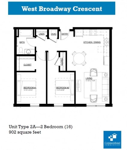 A floor plan for a 2 bedroom apartment at West Broadway Crescent.