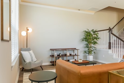 A living room with a grey chair, a brown sofa, a green plant, and a wooden coffee table.