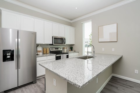 A kitchen with a granite countertop and stainless steel appliances.