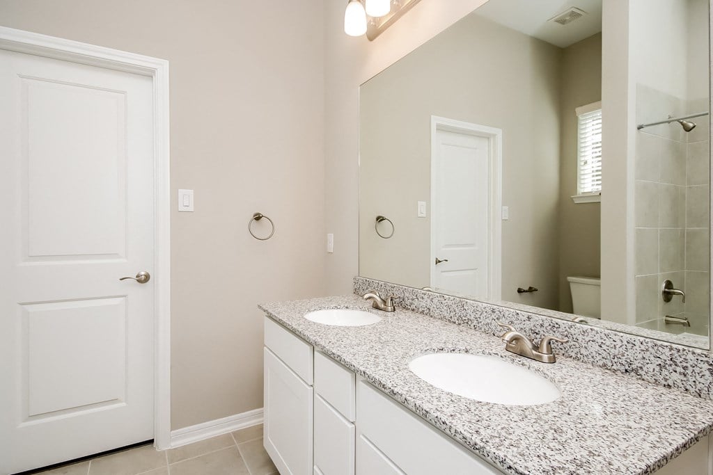 a bathroom with two sinks and a large mirror