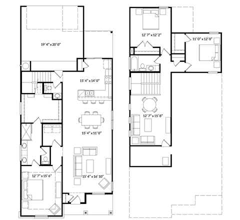 A black and white image of a floor plan with various rooms and measurements.