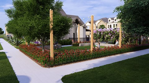 A garden with a white pathway and a variety of flowers.