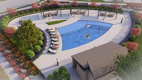 A rendering of a pool surrounded by a garden with people in it.