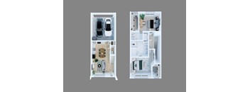 Two images of a dollhouse interior with a kitchen and living room.
