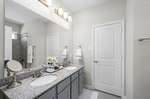 A bathroom with a double sink vanity and a large mirror.