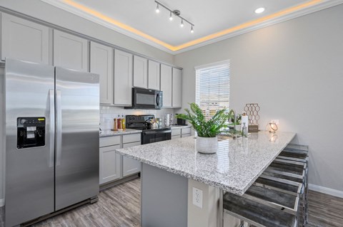 A modern kitchen with a granite countertop and stainless steel appliances.
