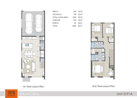 Two floor layout plans for a unit with a total living area of 1438 square feet.