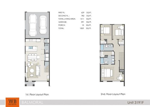 Two floor layout plans for a unit with a total living area of 1859 square feet.