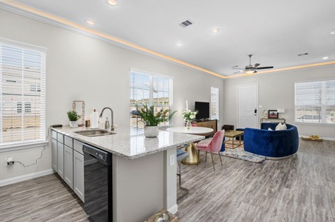 A modern kitchen with a dining area and a living room.